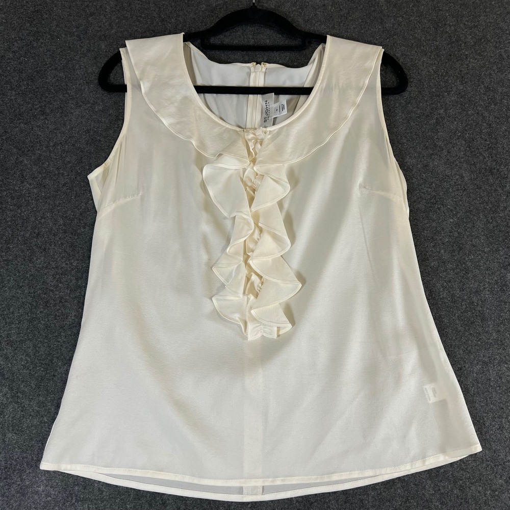 St John Collection Cream Silk Ruffle Sleeveless Blouse Top Ivory Size 8